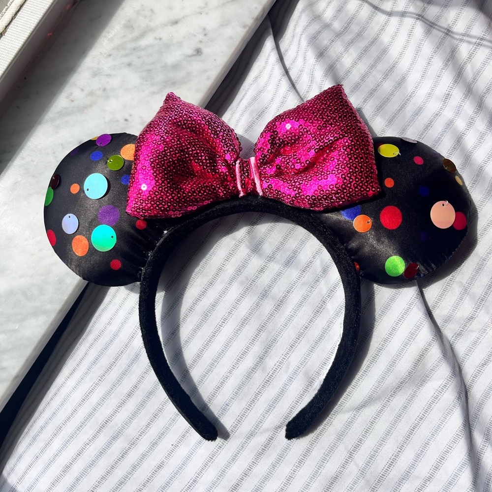 Colorful Polka Dot Disney Ears with Pink Sequin Bow